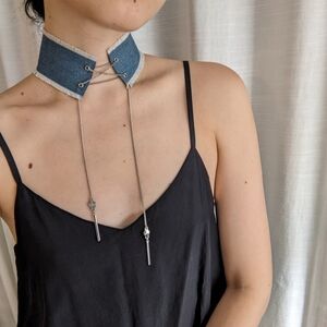 Guess blue fringe denim lace up choker